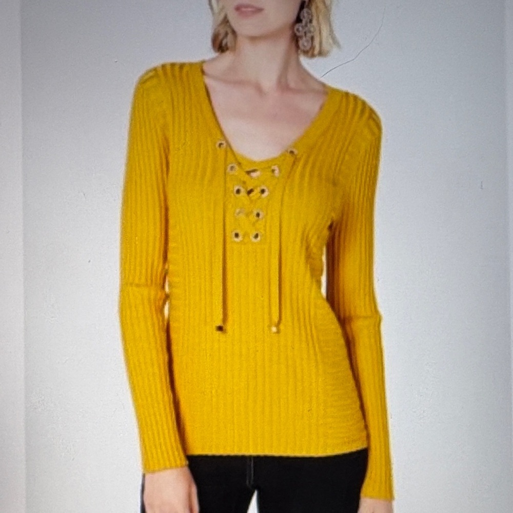 INC Yellow Ribber Lace Up Sweater Size Large